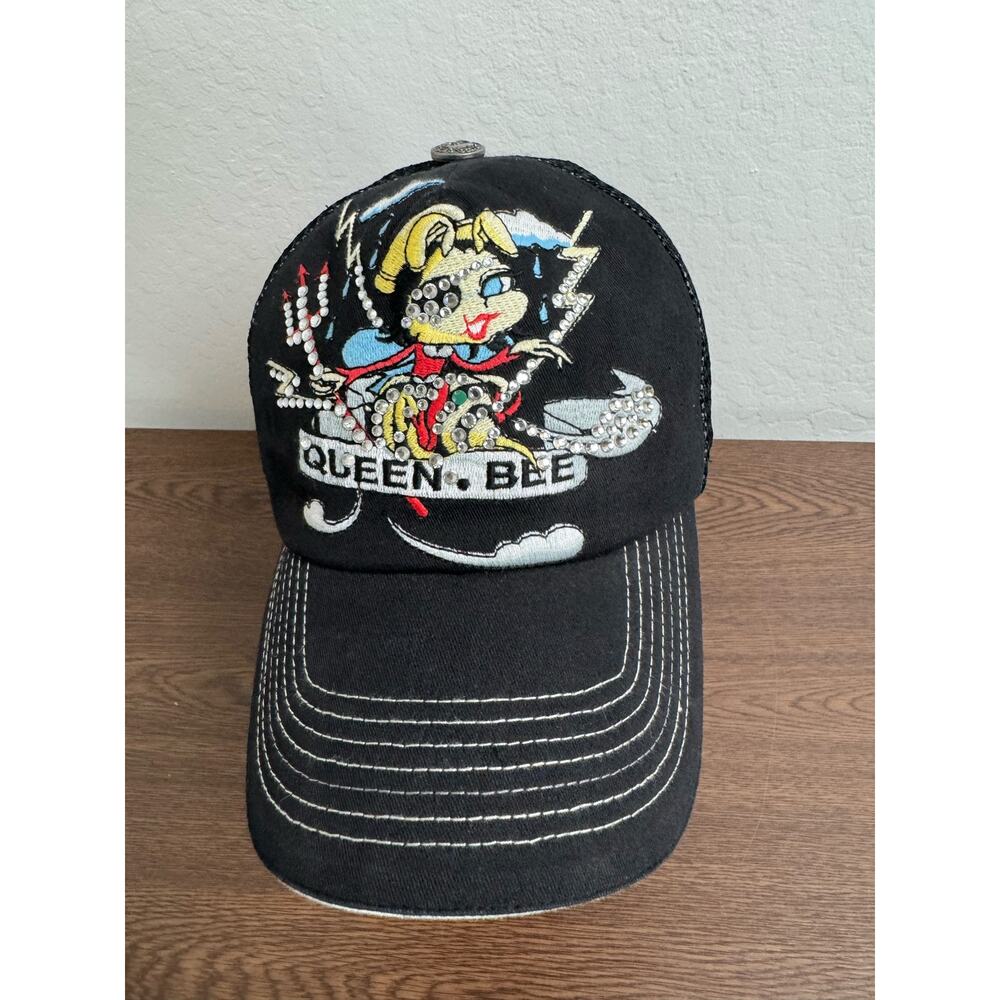 FOUR FORTY FIFTY WOMENS QUEEN BEE BLACK SPARKLE RHINESTON ADJUSTABLE MESH CAP